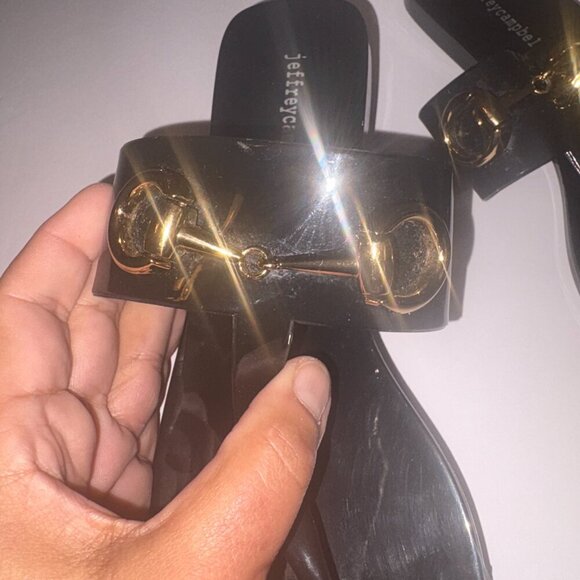 Jeffrey Campbell A Lil Bit Natural Horse Bit Buckle Gold Flat Thong Sandals 8 - Picture 5 of 6